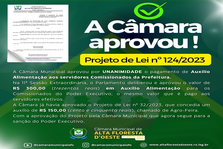 A Câmara Municipal aprova por unanimidade o pagamento de auxílio alimentação aos servidores Comissionados da Prefeitura.