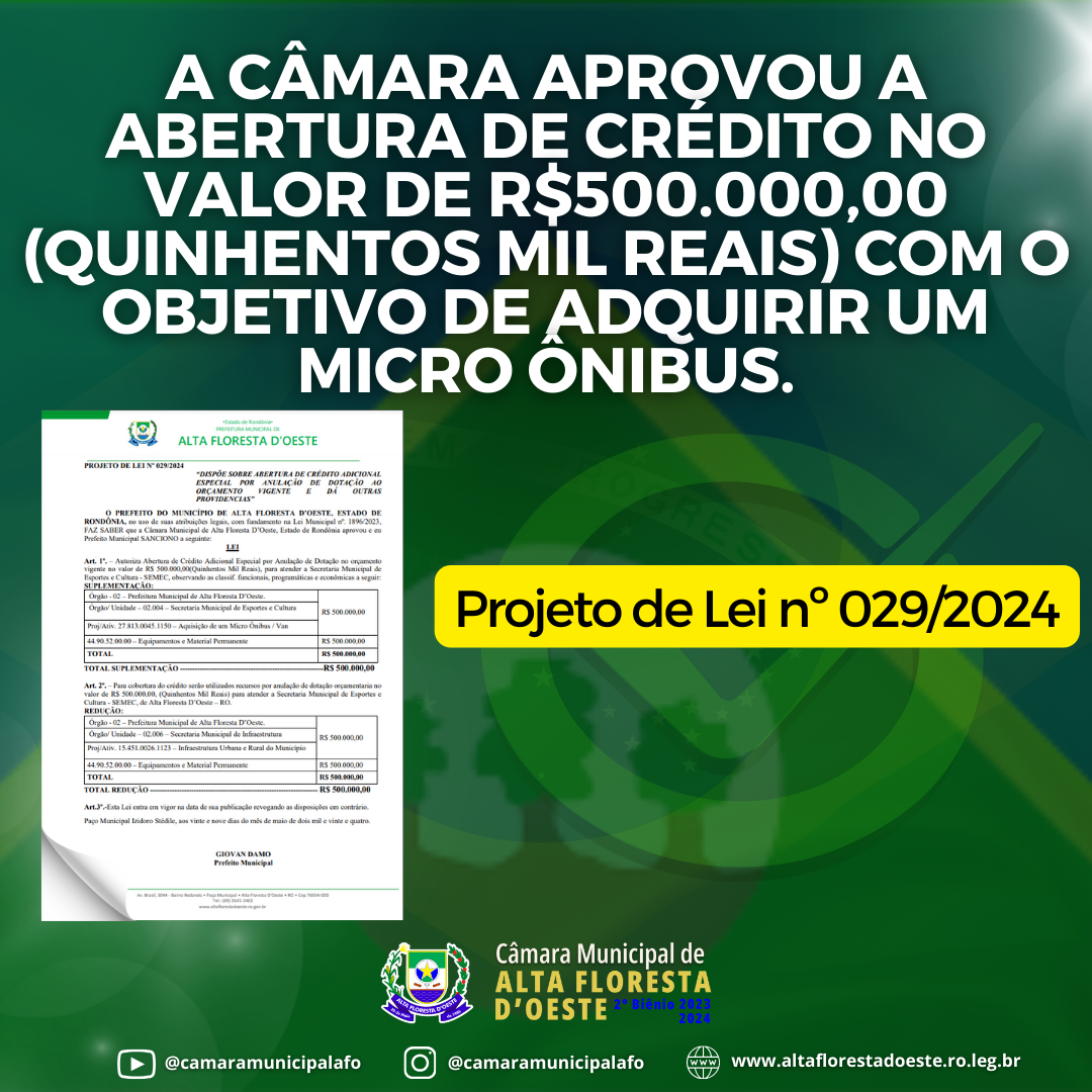 Aprovado abertura de crédito de R$500.000,00